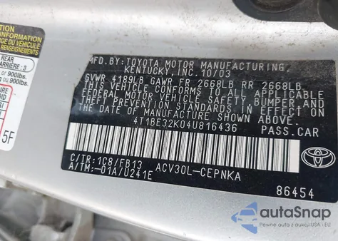 2004 Toyota Camry Le from USA, damaged, VIN 4T1BE32K04U816436